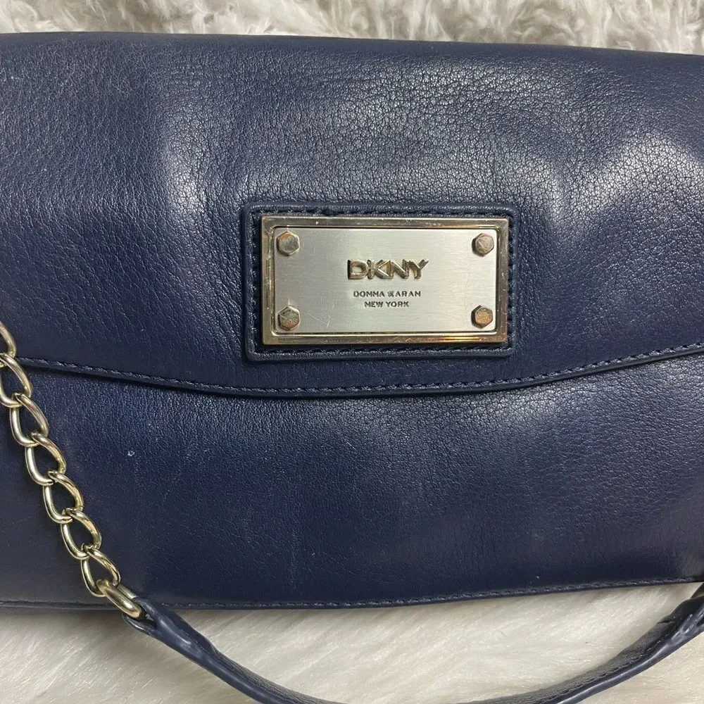DKNY Melissa leather Navy Blue satchel with silver tone chain strap.
